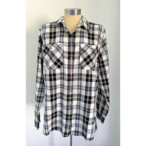 NWT EDDIE BAUER Womens Large Firelight Plaid Flannel Shirt Black Blue White